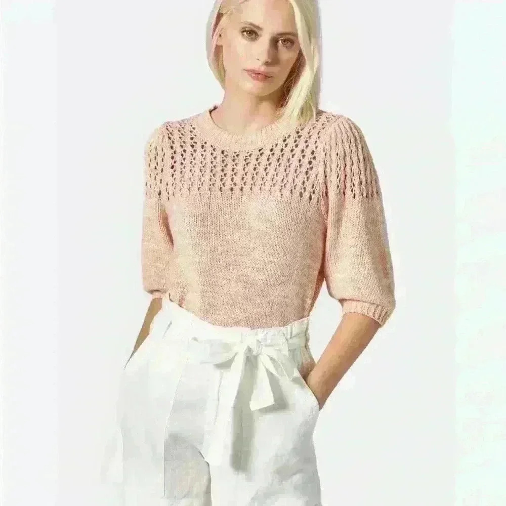 Joie Blush Open‑Knit Short Sleeve Crew Sweater